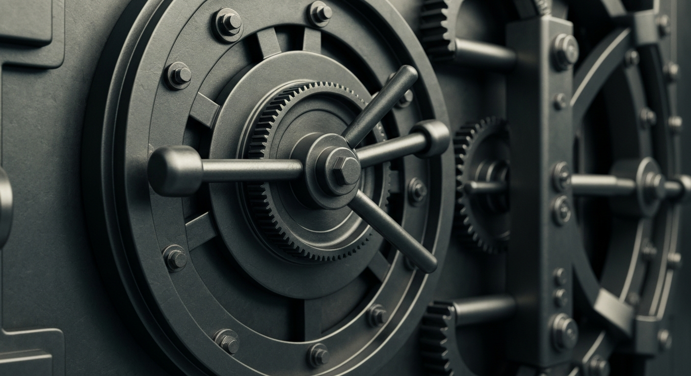 A highly detailed, close-up view of the intricate gears and mechanisms of a heavy, industrial bank vault door, conveying the security and stability of Nicolet Bankshares' financial operations.