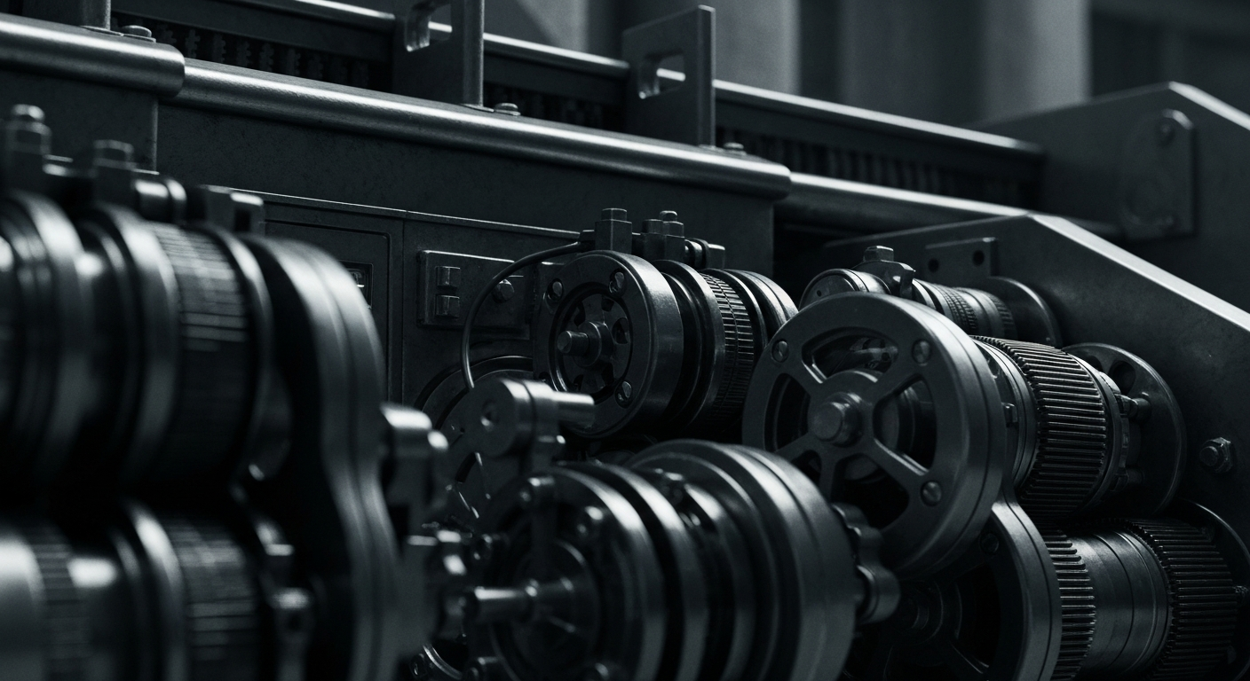A close-up, high-contrast image of intricate financial machinery and banking equipment, representing the complex mechanics and institutional power of the financial system.