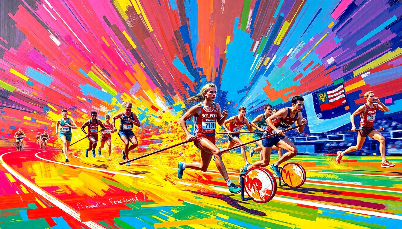 An abstract, energetic painting featuring overlapping brushstrokes of neon yellow, orange, and blue, capturing the dynamic motion and intensity of collegiate track and field and rowing events.