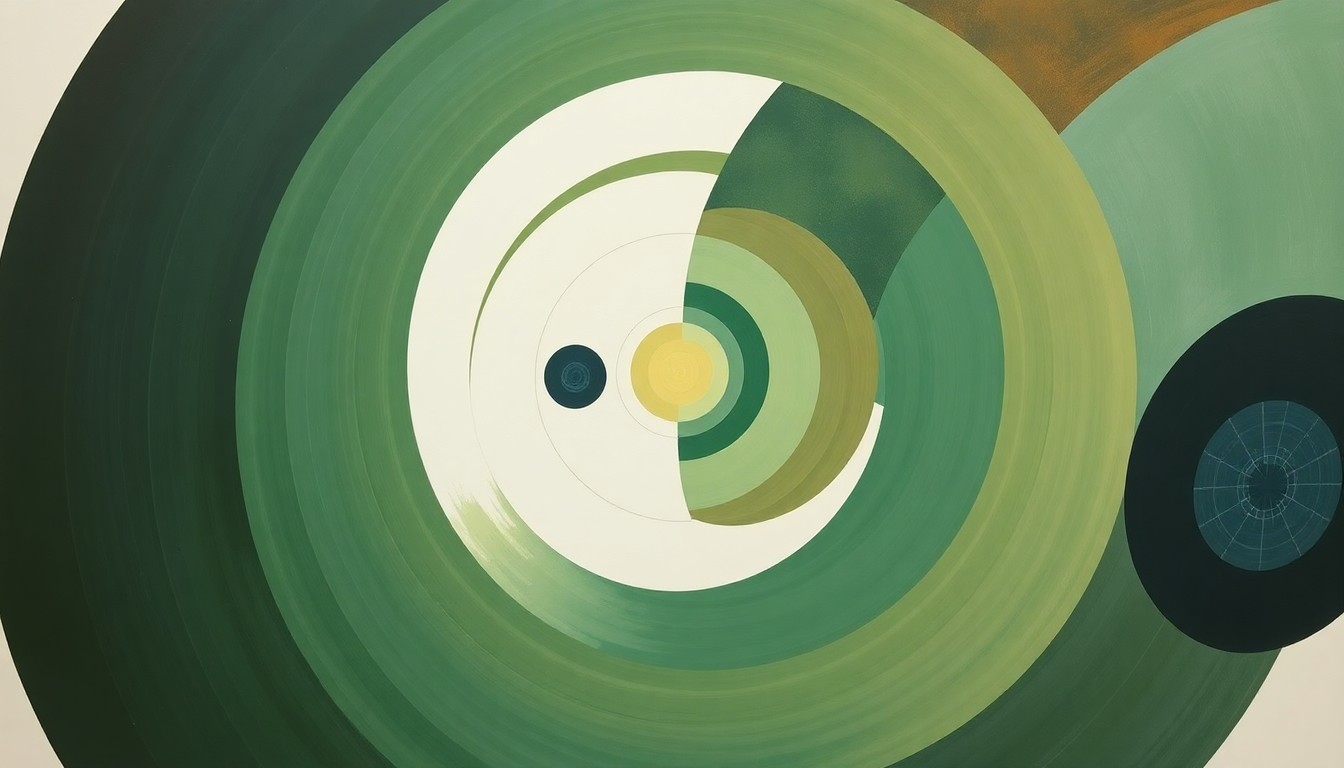 An abstract, geometric painting in muted earth tones depicting the complex, interconnected patterns of quantum information, suggesting the reversibility of the scrambling process discovered by the UC Irvine team.