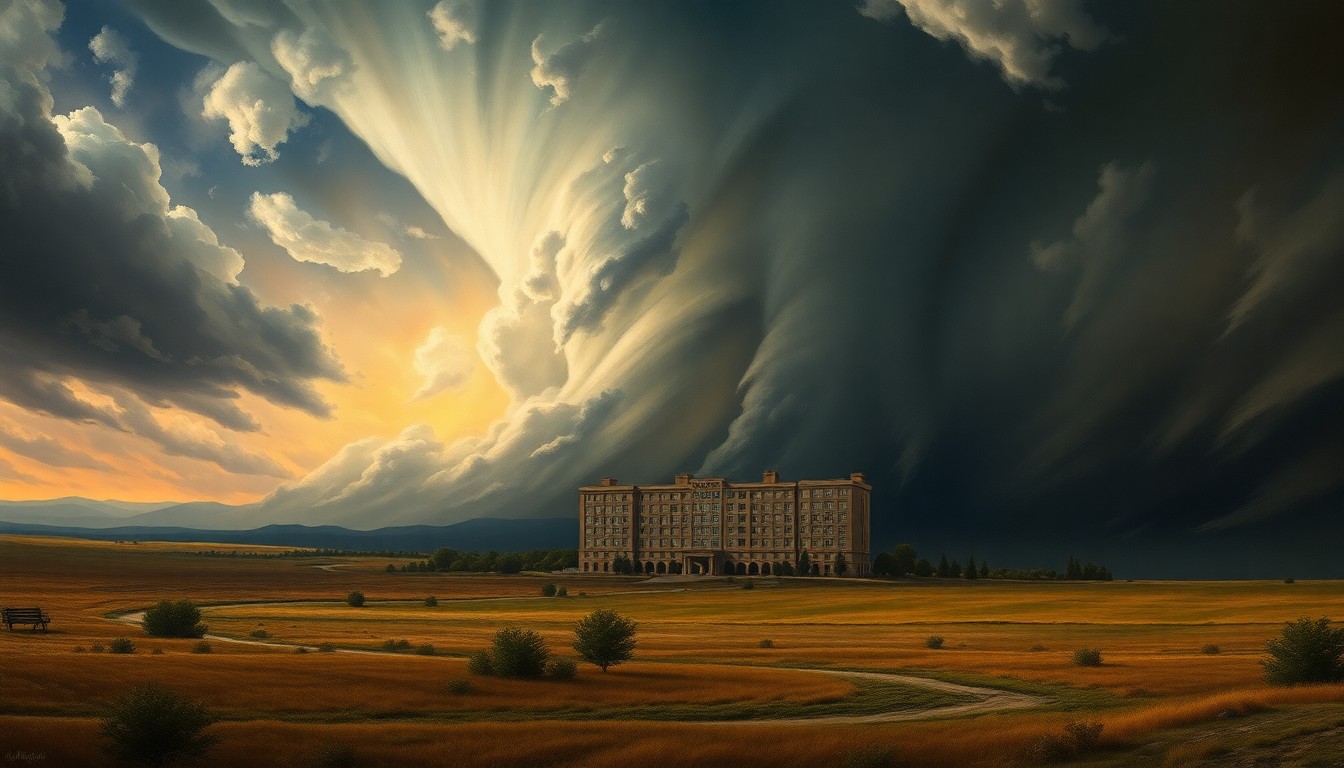 A vast, atmospheric landscape painting depicting a hotel building dwarfed by a swirling, ominous tornado in the distance, conveying the overwhelming power of the natural disaster.