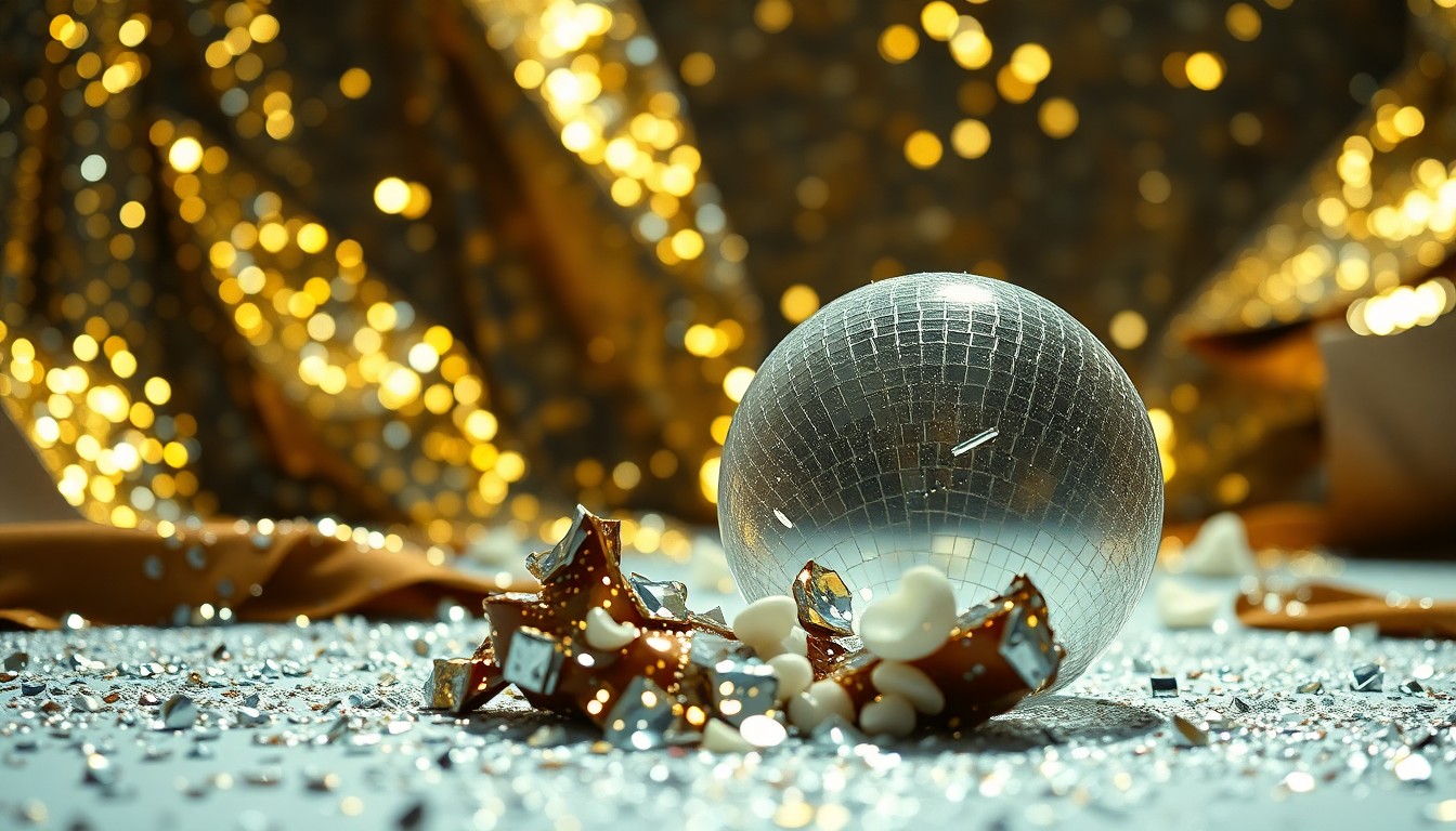 An abstract close-up photograph featuring a textured surface of shimmering sequins and shattered glass, creating a visually striking and conceptually evocative image that captures the nostalgic allure of 1980s celebrity culture.