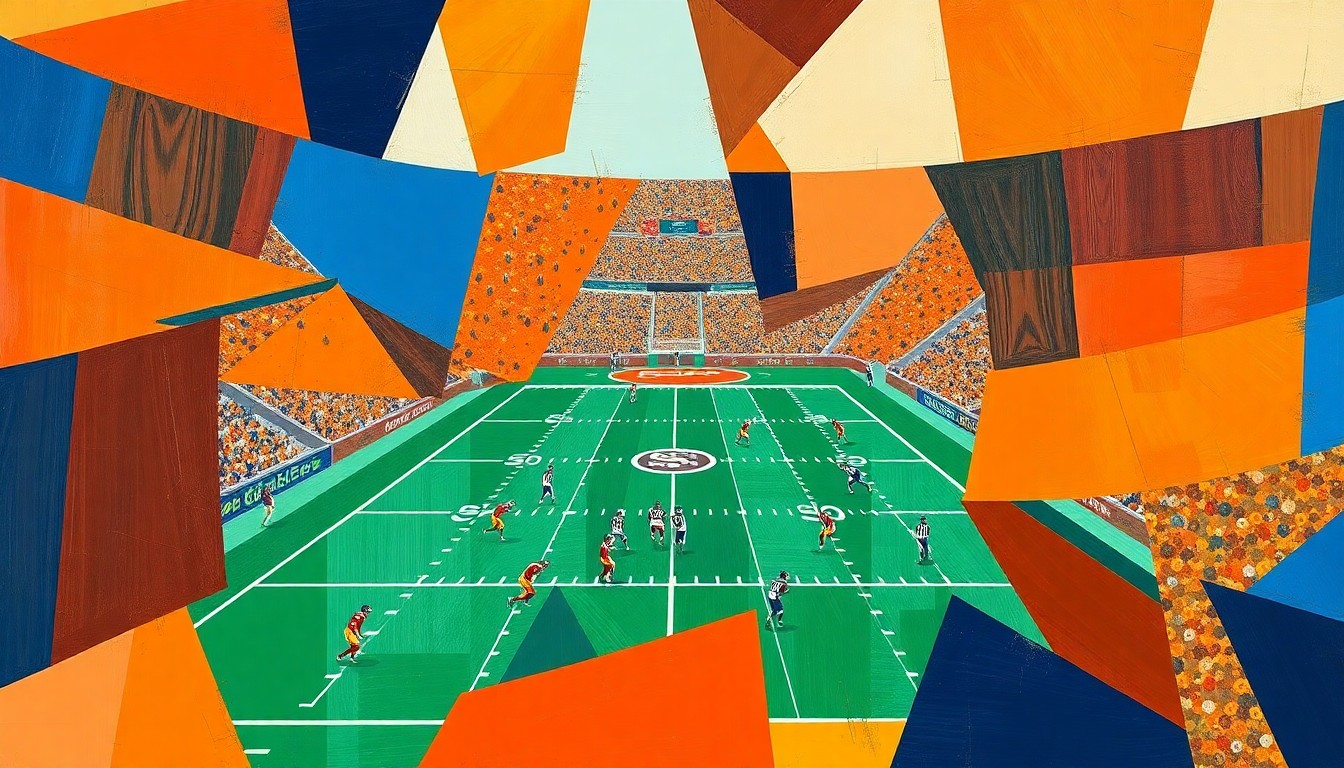 A cubist, geometric painting depicting a college football game, with sharp, overlapping planes of color representing the dynamic action on the field.