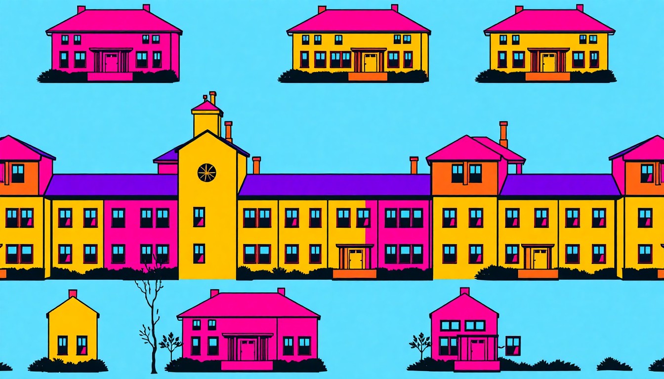 A high-contrast, silkscreen-style illustration featuring a repeated pattern of a stylized university building in bright, neon-like colors, conceptually representing the modernization of campus infrastructure.