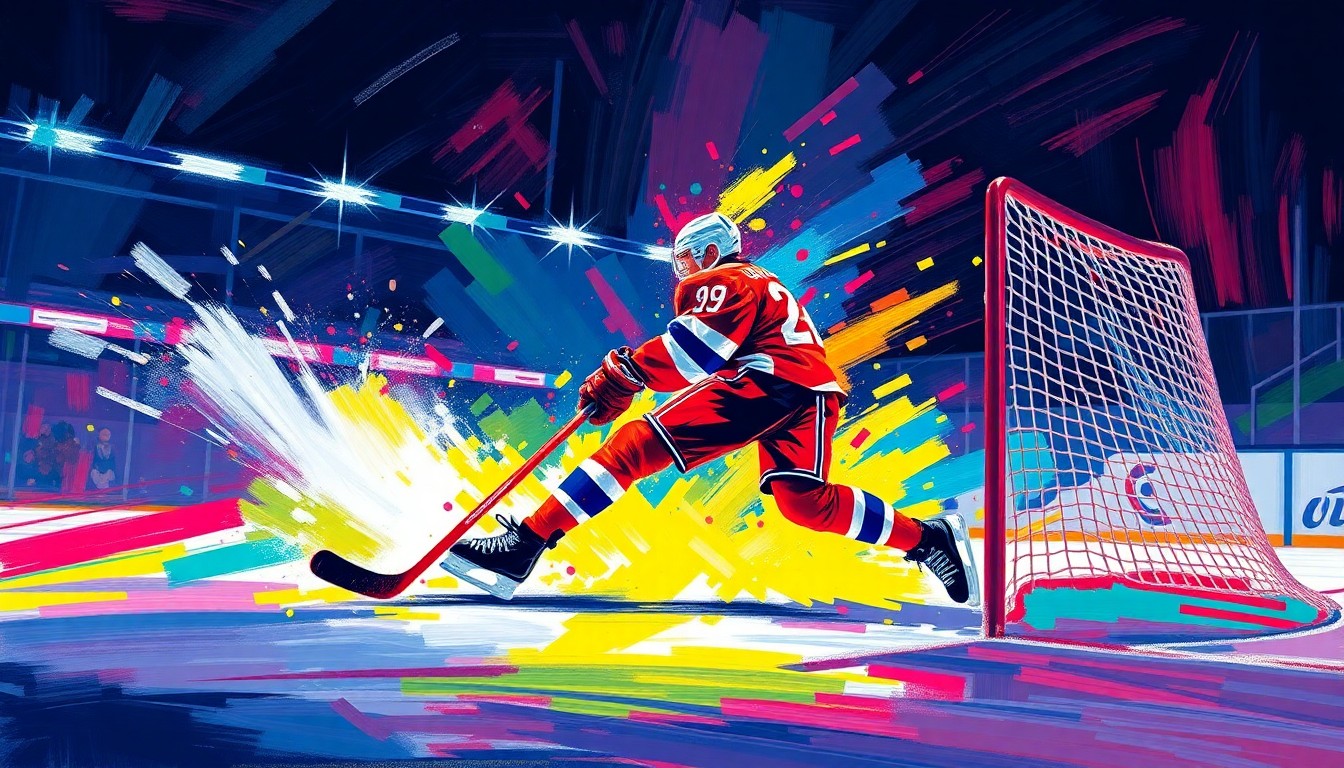An abstract, expressionist painting in vibrant neon colors, capturing the dynamic motion and energy of a hockey player scoring a game-winning goal, with the player's form dissolving into gestural brushstrokes and the puck and net blurring into a neon glow.