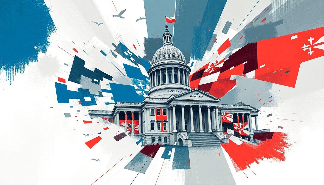 A fractured, abstract painting in shades of blue, red, and grey depicting a government building in motion, conveying the political turmoil and shifting power dynamics around congressional redistricting.