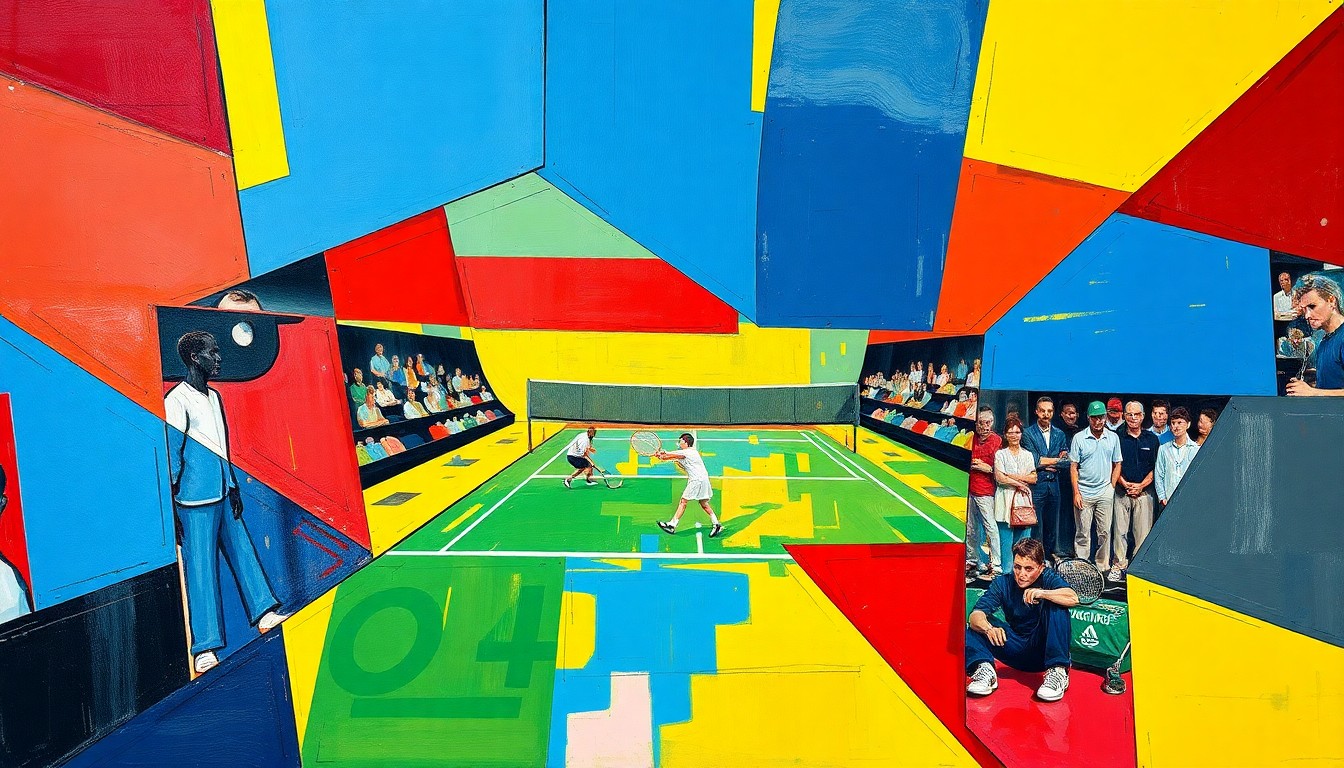 A fragmented, geometric painting in vibrant colors depicting a tennis match or competition, with sharp, overlapping planes that capture the multifaceted nature of the sport.