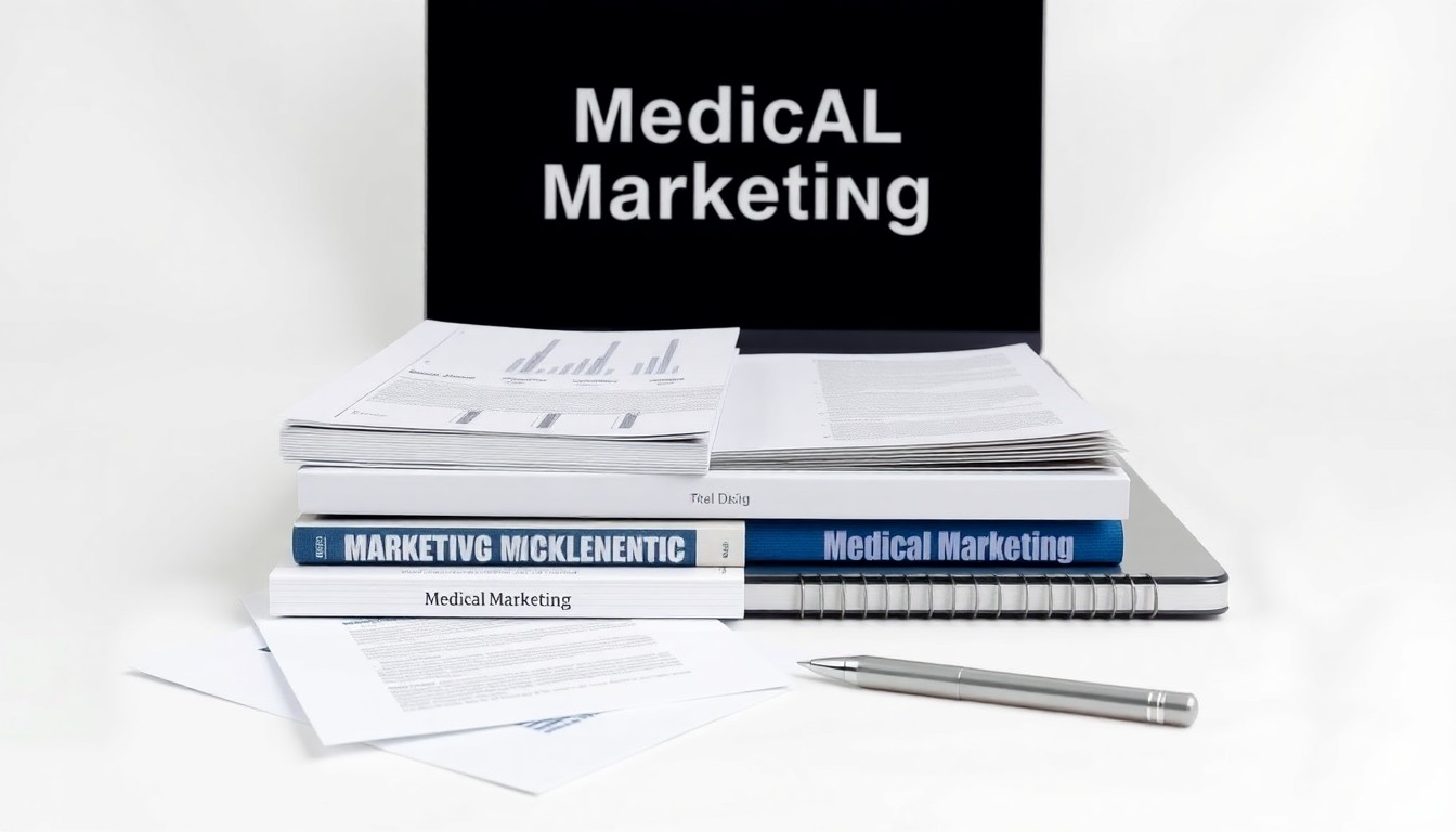 A high-end, photorealistic studio still-life photograph featuring a stack of medical marketing books and documents, a laptop, and a pen arranged elegantly on a clean, white background, conceptually representing the comprehensive marketing strategies and execution plan to be presented.