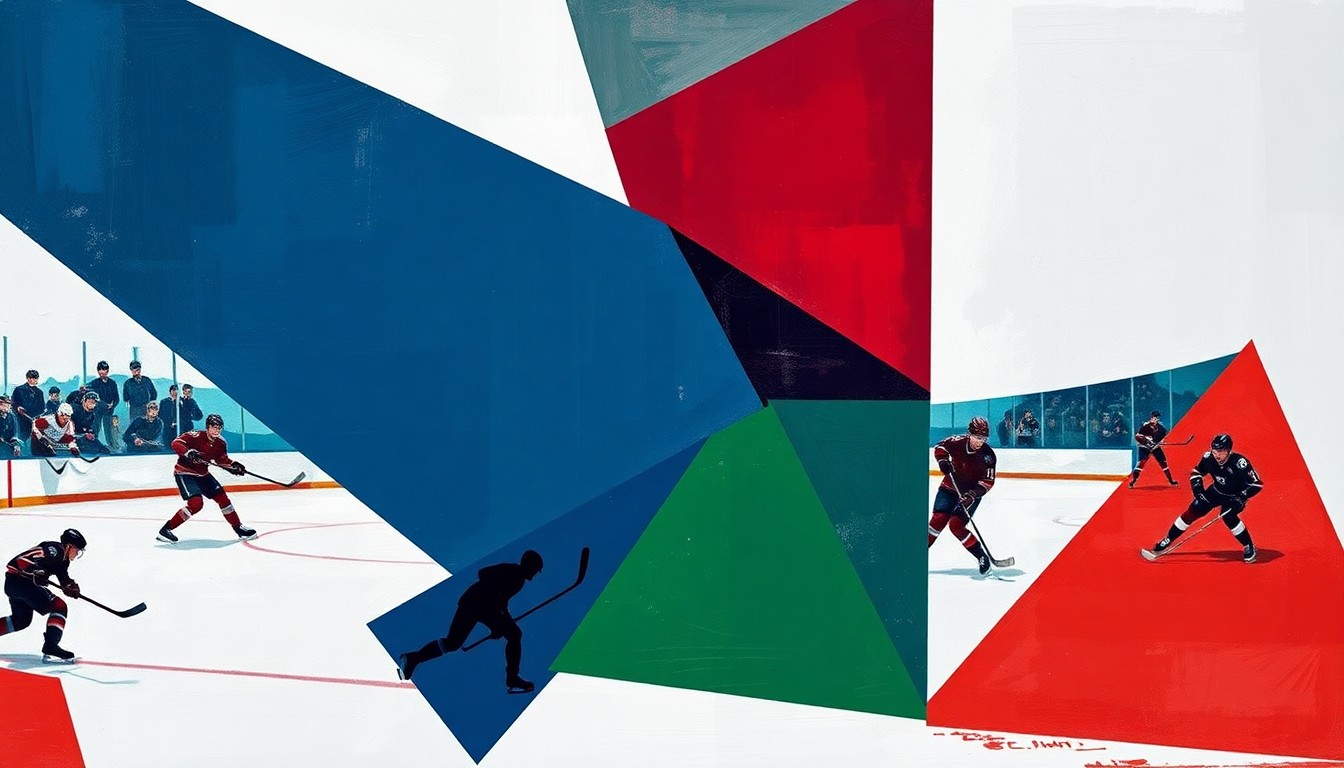 A fractured, cubist-style painting depicting a hockey game, with the players and ice broken down into sharp, overlapping geometric shapes in a bold color palette, capturing the raw energy and competition of the sport.