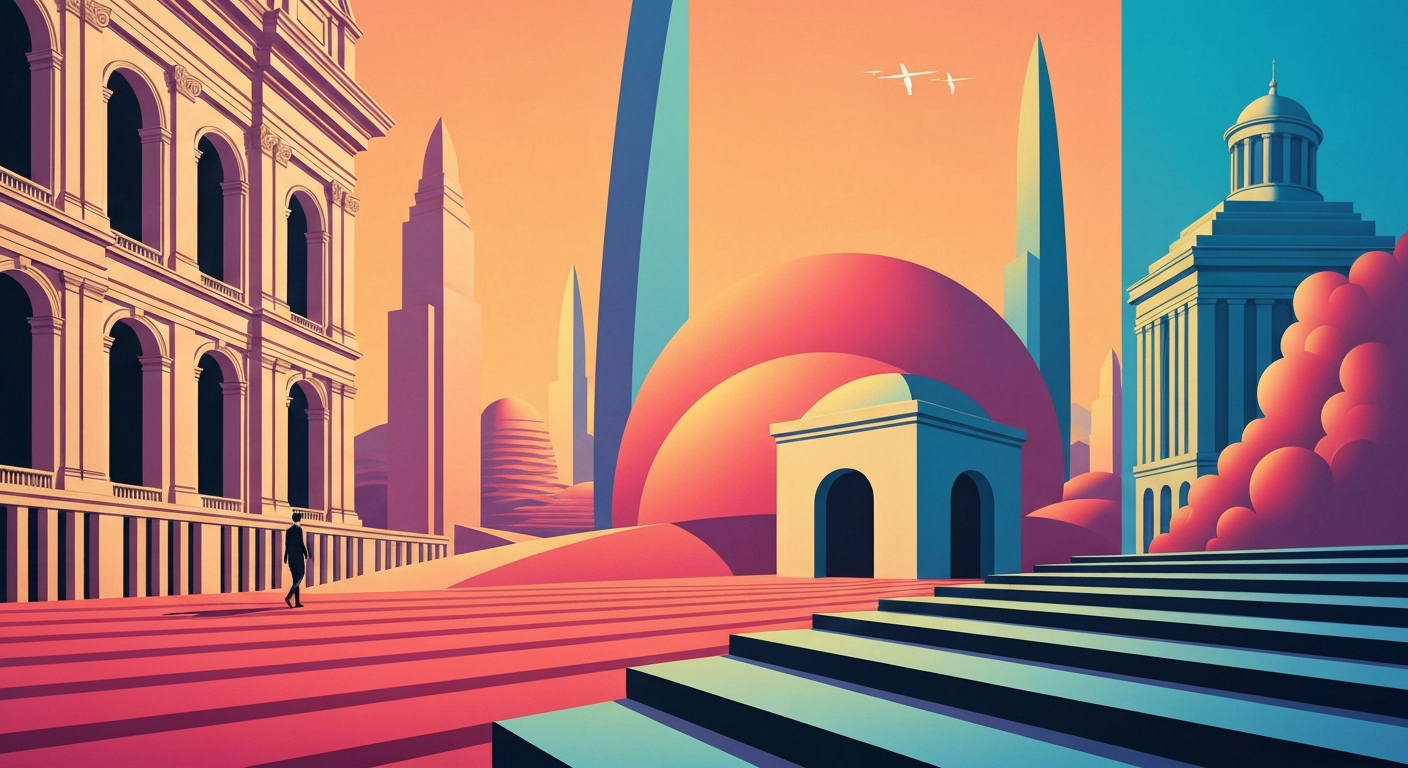 A bold, geometric illustration in the style of A.M. Cassandre, featuring a towering, streamlined perspective of a coastal landscape with rolling hills, a winding road, and a dramatic, cloud-filled sky. The image captures the romantic, grand scale of travel without any literal depictions of people, buildings, or text.