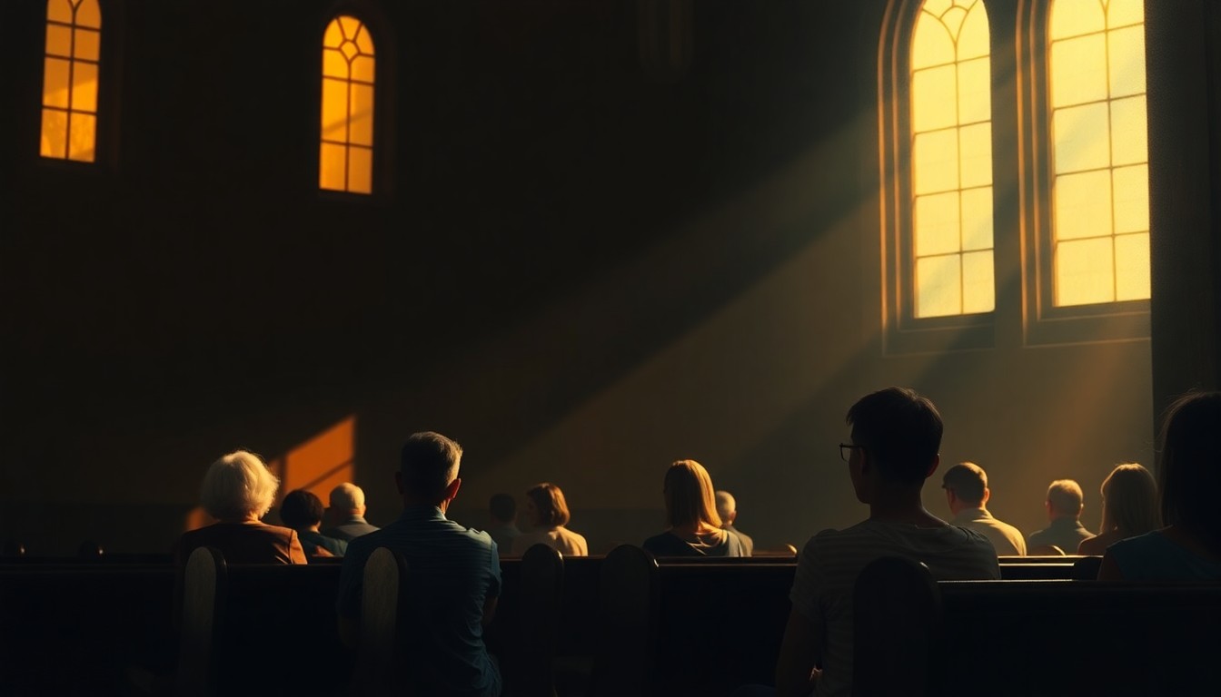 A serene, cinematic painting depicting a group of people sitting quietly in a church pew, the warm light and deep shadows creating a contemplative mood that reflects the congregation's ability to maintain unity despite their political differences.