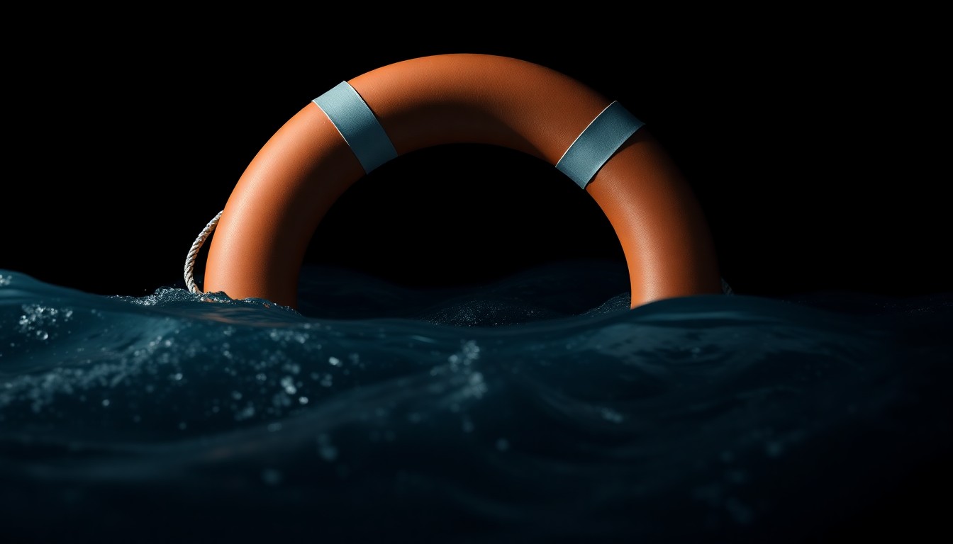 An extreme close-up photograph of a life preserver floating in dark, choppy waters, lit by a harsh, direct camera flash against a pitch-black background, creating a stark, gritty, investigative aesthetic.
