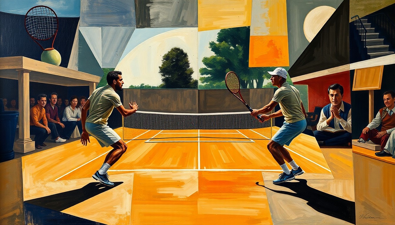 A cubist, fragmented painting depicting a tennis match, with the players and court broken down into sharp, overlapping geometric shapes and planes in a vibrant color palette.