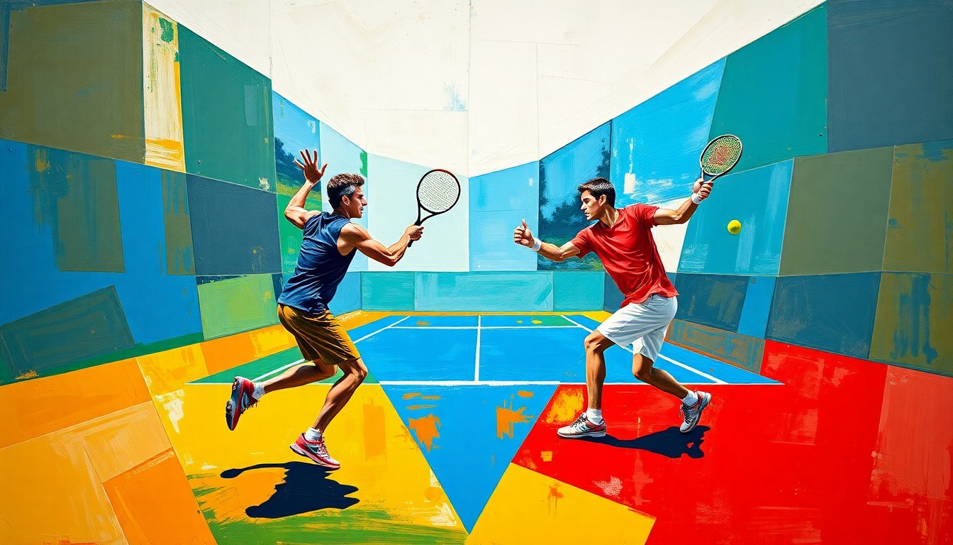 A fragmented, cubist-style painting depicting the movement and intensity of a tennis match, with overlapping geometric shapes in vibrant colors.