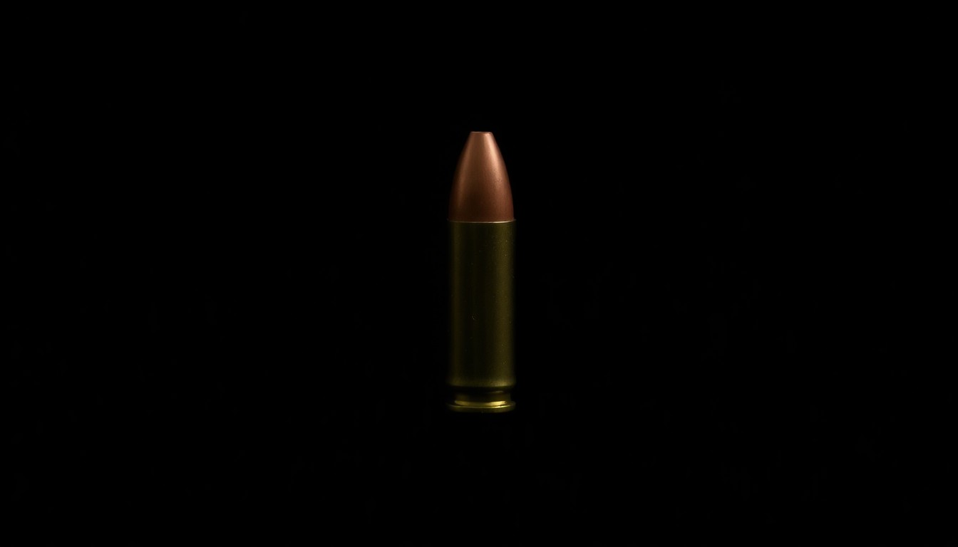 An extreme close-up of a single bullet casing reflecting a bright flash of light, conceptually illustrating the recovery of an illegal firearm during a police stop.
