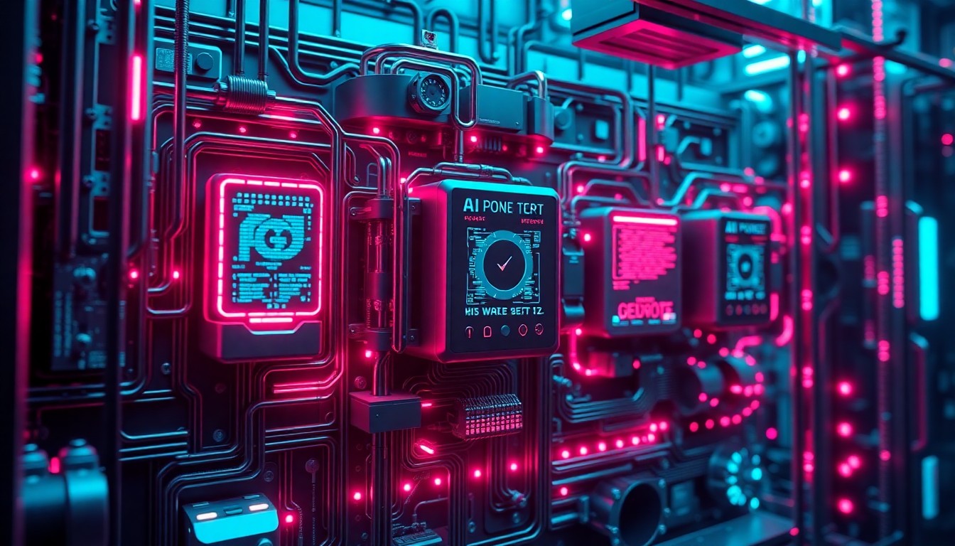 A highly detailed, glowing 3D illustration of a complex AI-powered automation system, with neon cyan and magenta lights illuminating the intricate hardware components and data flows, conceptually representing the advanced technology that 316 Strategy Group is deploying to help clients unlock new revenue opportunities.