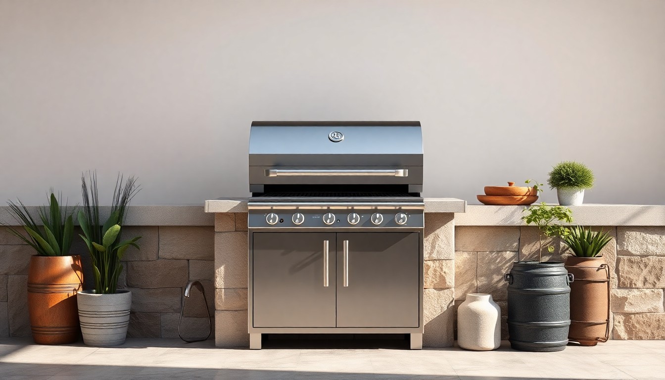 A high-end, photorealistic studio still life featuring a sleek, modern outdoor grill in a neutral color palette, surrounded by premium materials like stainless steel, natural stone, and warm wood tones, conceptually representing the quality, design, and performance of Prokan's new island grill collection.