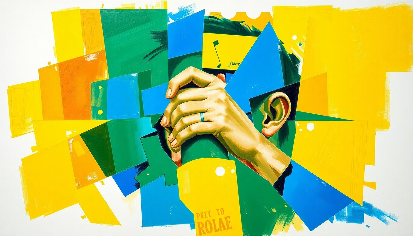 A fractured, cubist-style painting depicting the chaotic final moments of the Masters golf tournament, with overlapping geometric shapes in shades of green, blue, and yellow representing the action on the course.