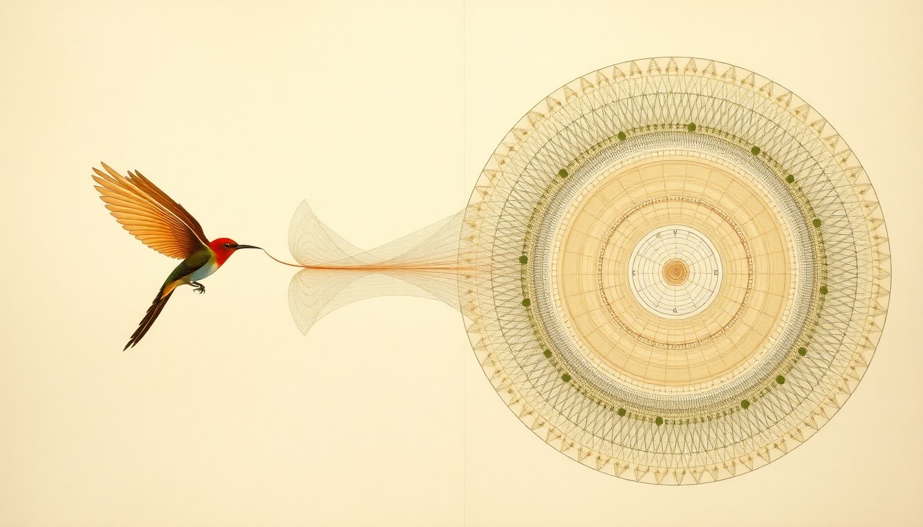 An abstract, highly structured painting in soft, earthy tones depicting sweeping geometric arcs, concentric circles, and precise botanical spirals, conceptually representing the suction-based nectar feeding mechanism of sunbirds.