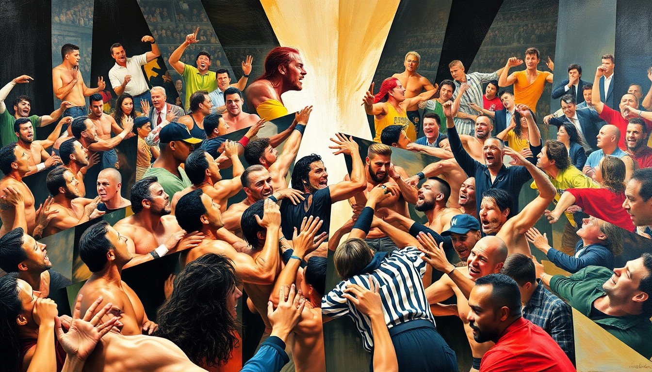 A cubist-style painting depicting a chaotic wrestling match, with various wrestlers' bodies and limbs fractured and overlapping in a geometric, abstract composition.