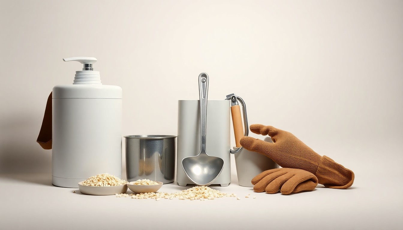 A minimalist studio still life featuring a collection of dairy farming tools and equipment, including a milking machine, a feed scoop, and work gloves, arranged in a clean, elegant composition to symbolize the precision and innovation of modern dairy farming.