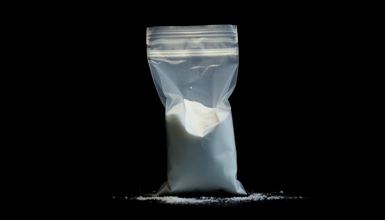 An extreme close-up photograph of a small plastic bag containing white powder, creating a stark, gritty, investigative aesthetic without any text or identifiable elements.
