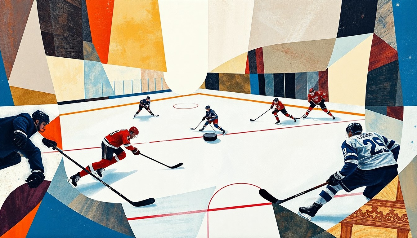 A fractured, multi-perspective painting in the style of Pablo Picasso, breaking a hockey game down into sharp, overlapping geometric planes. The players and the ice are reduced to abstract shapes and angles, with the puck as the central focal point.