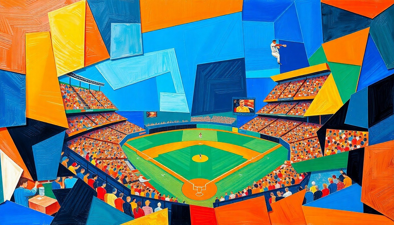 A fractured, geometric painting depicting the dynamic motion and energy of a baseball game, with sharp planes of color and form representing the players and action on the field.