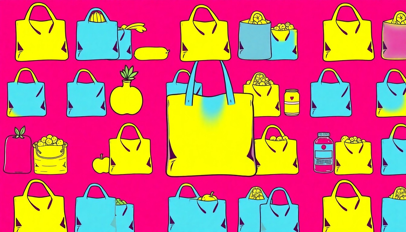 A brightly colored, high-contrast silkscreen print of a reusable grocery bag repeated in a tight grid pattern, conceptually representing the iconic status of Rainbow Grocery as a mission-driven, community-focused natural foods store in San Francisco.