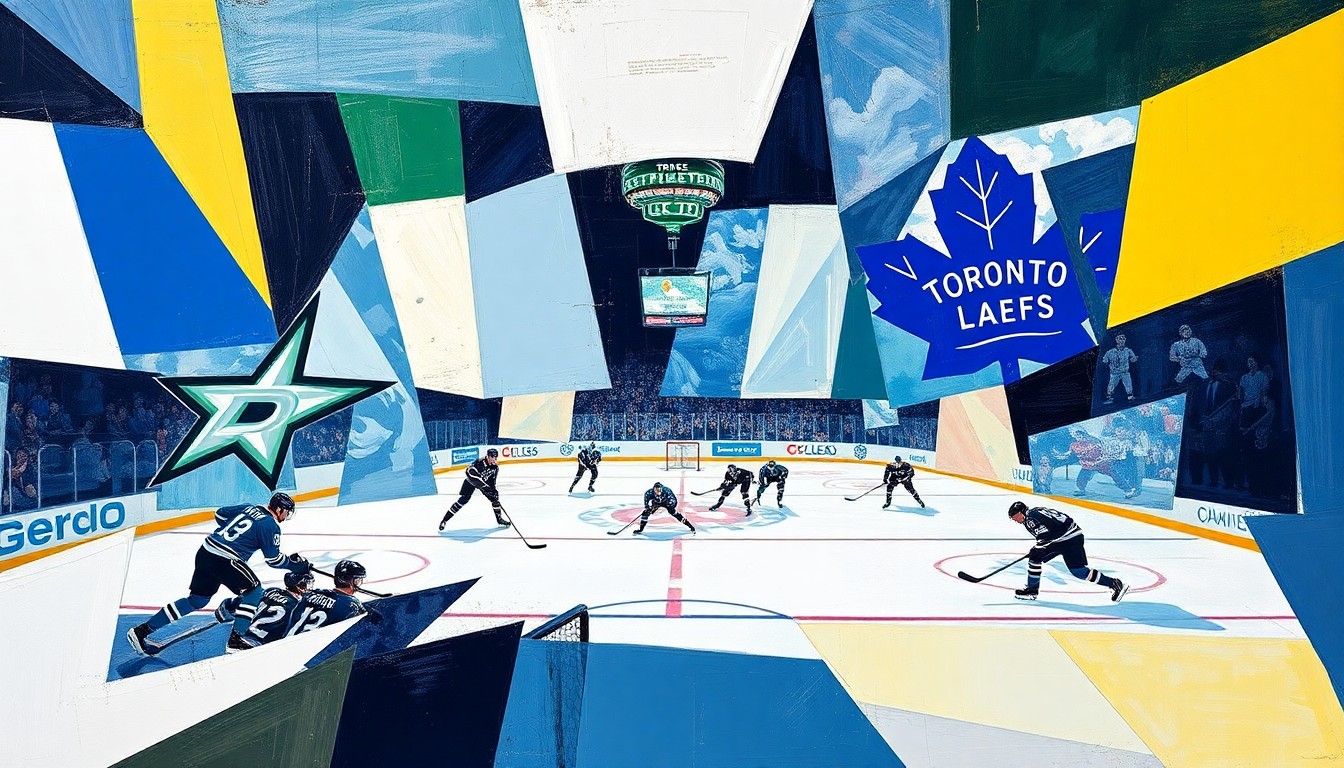 A fragmented, geometric painting depicting the dynamic movements and competing forces of a hockey game, with sharp angles and overlapping planes of color representing the intensity and unpredictability of the sport.