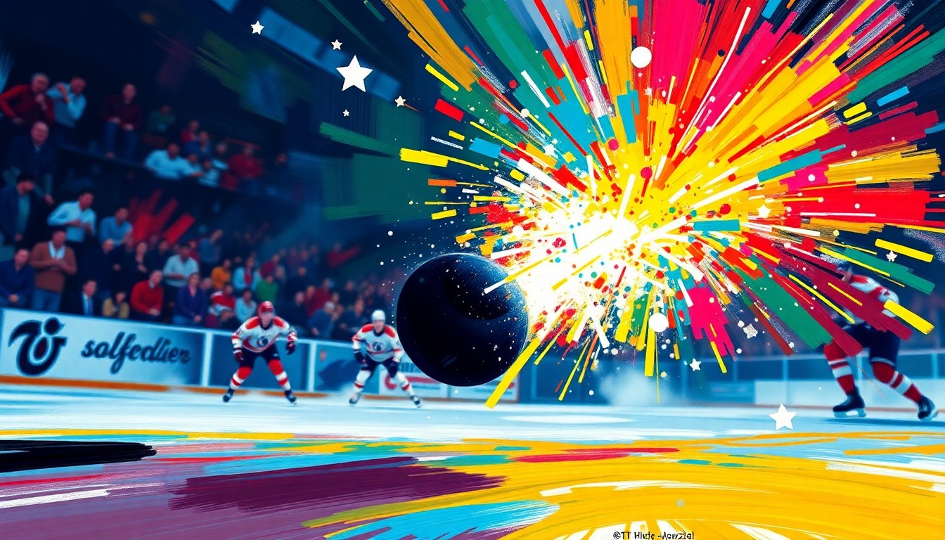 An abstract, expressionist painting in vibrant neon colors depicting the blurred motion and energy of a hockey shootout, with the puck and players' movements dissolving into textured brushstrokes.