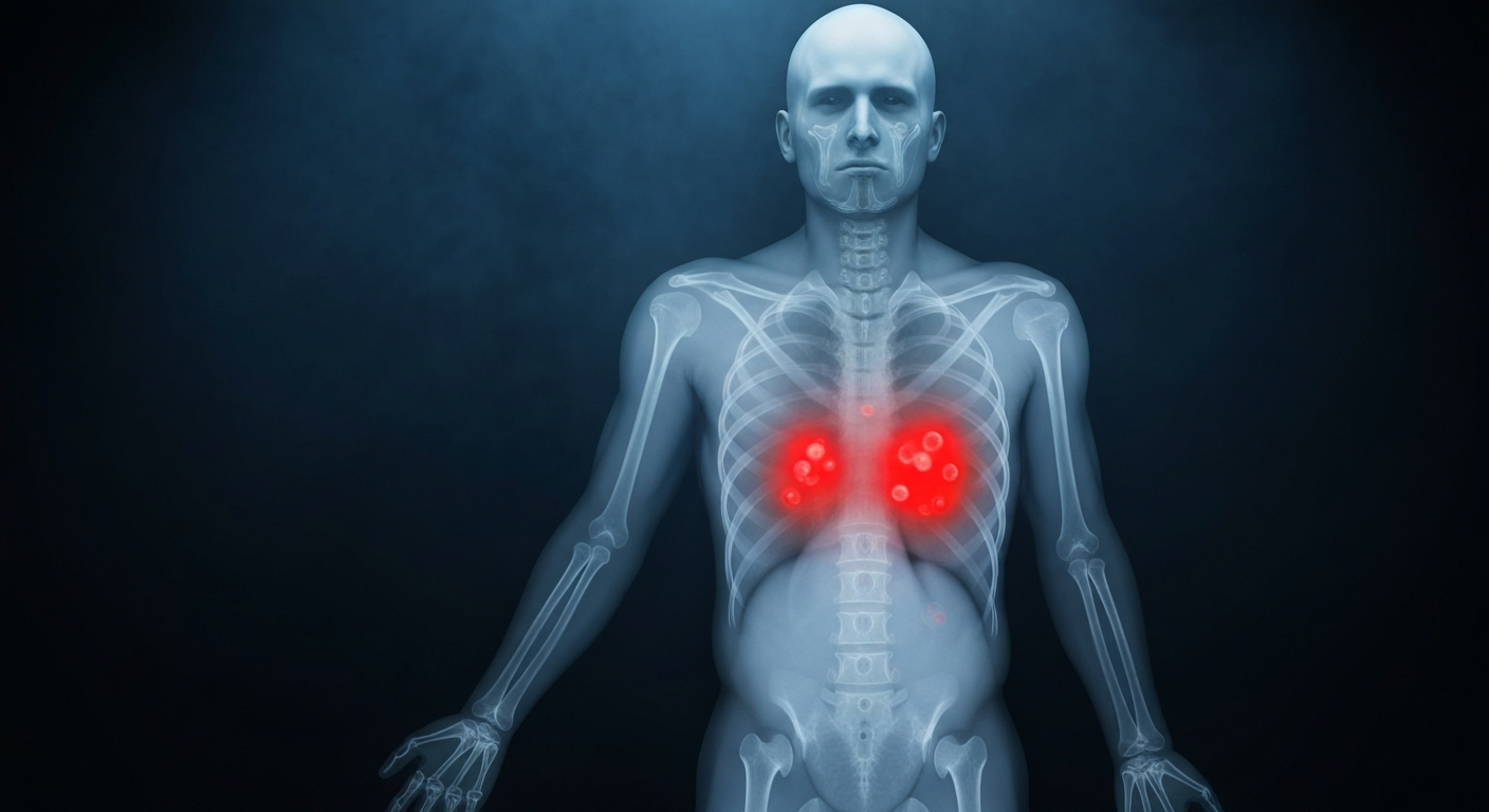 A translucent, ghostly X-ray image revealing the internal structures of Dick Vitale's lungs and liver, with faint glowing areas indicating the presence of cancerous growths.