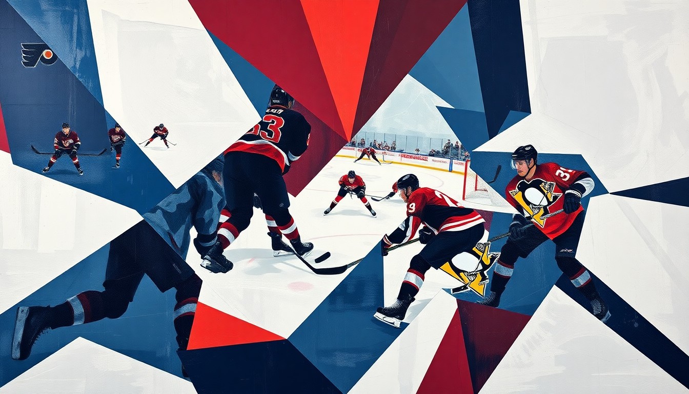 A cubist, geometric painting depicting a hockey game between the Philadelphia Flyers and Pittsburgh Penguins, with the players and action on the ice broken down into sharp, overlapping planes of navy blue, maroon, and steel grey.