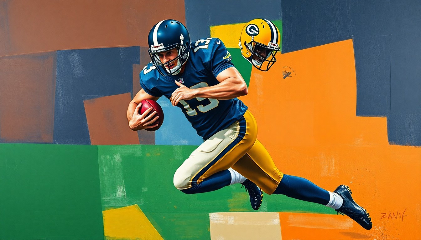 A fragmented, cubist-style painting depicting a football player in mid-tackle motion, broken down into sharp, overlapping geometric shapes in navy blue, hunter green, and burnt orange tones, conceptually representing the complex negotiations and high-stakes contract extension for the Texans' star pass rusher.