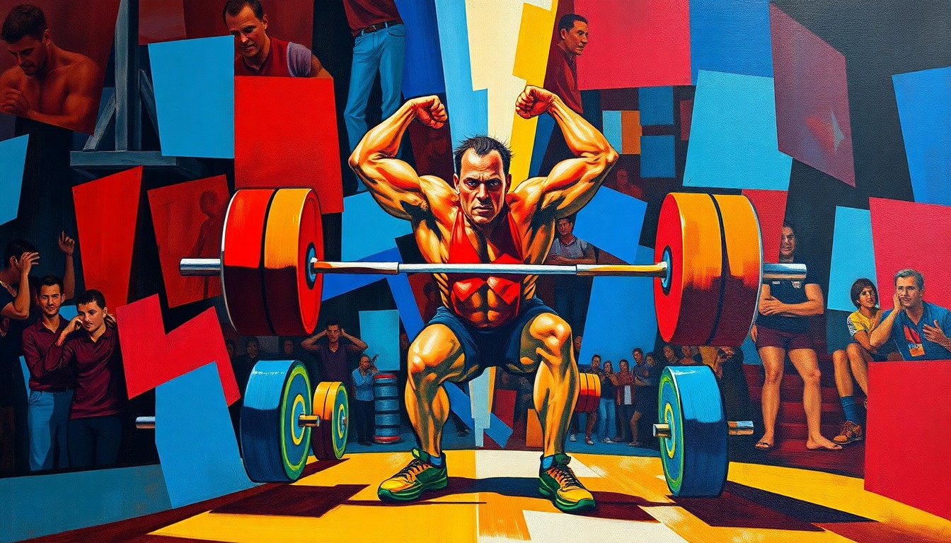 A fragmented, geometric painting depicting the explosive movements and intense focus of a powerlifting competition, with overlapping planes of muscle, steel, and determination in a vibrant color palette.