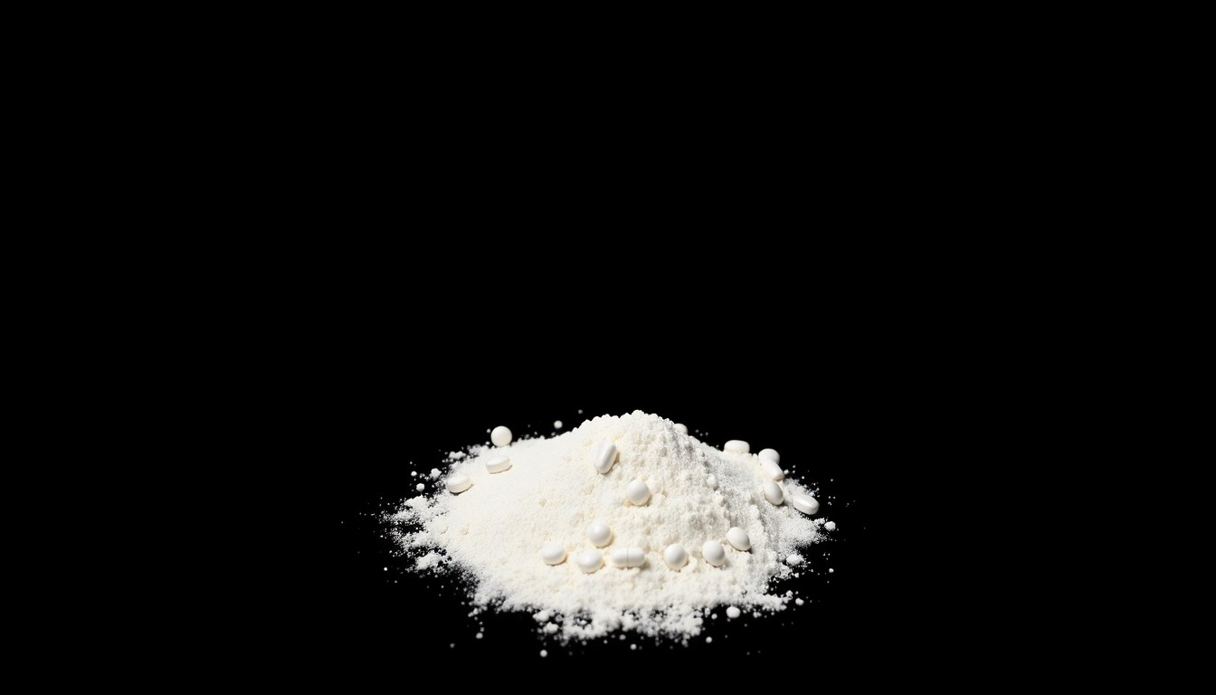 An extreme close-up photograph of a small pile of white powder and several small, round pills, conceptually representing the drugs seized in a federal law enforcement operation in Las Vegas.