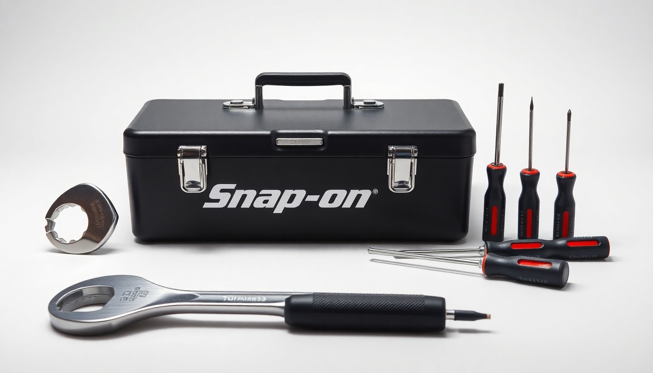 A high-end, photorealistic studio still-life photograph featuring a polished, chrome-plated wrench, a sleek black toolbox, and a set of precision screwdrivers arranged elegantly on a clean, white seamless background, conceptually representing the precision and quality of Snap-On's professional tools.