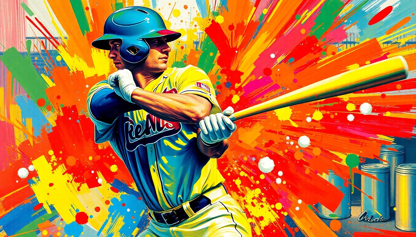 An abstract, expressionist painting in vibrant neon colors depicts the powerful swing and motion of a baseball player, with the player's face and uniform details blurred into dynamic brushstrokes, capturing the raw energy of the game.