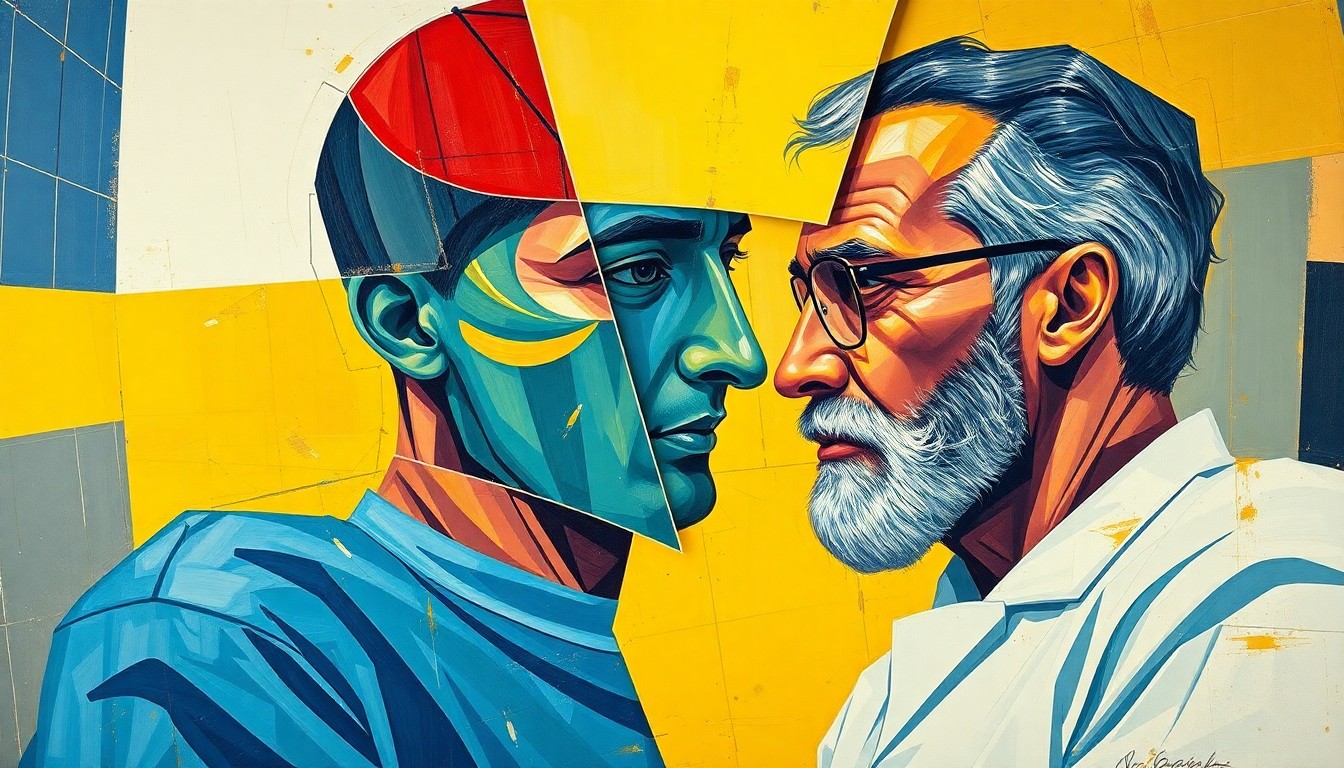 A fragmented, geometric painting depicting the various aspects of a sports pharmacist's work with an athlete, such as evaluating medications, managing drug interactions, and overseeing supplement use.