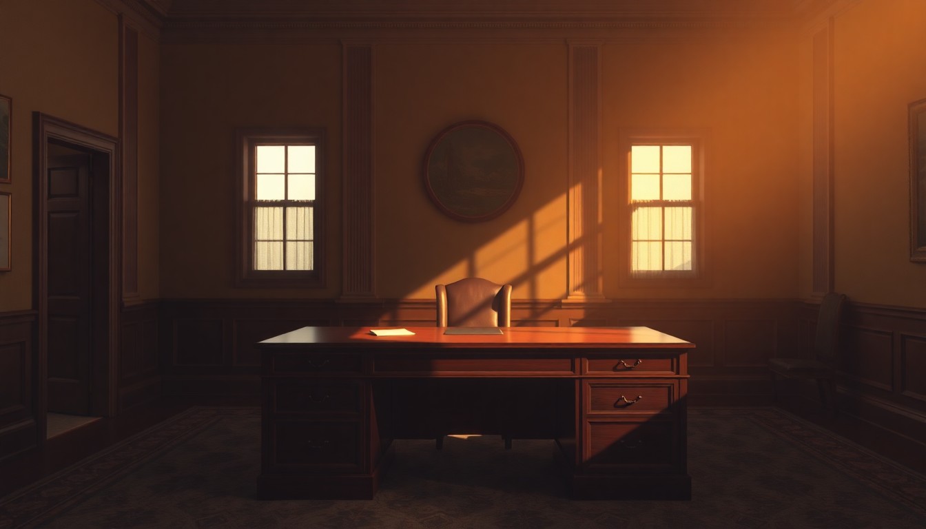 A photorealistic painting of an empty congressional office desk in warm, golden light, with deep shadows, conveying a sense of political resignation and the fading of power.