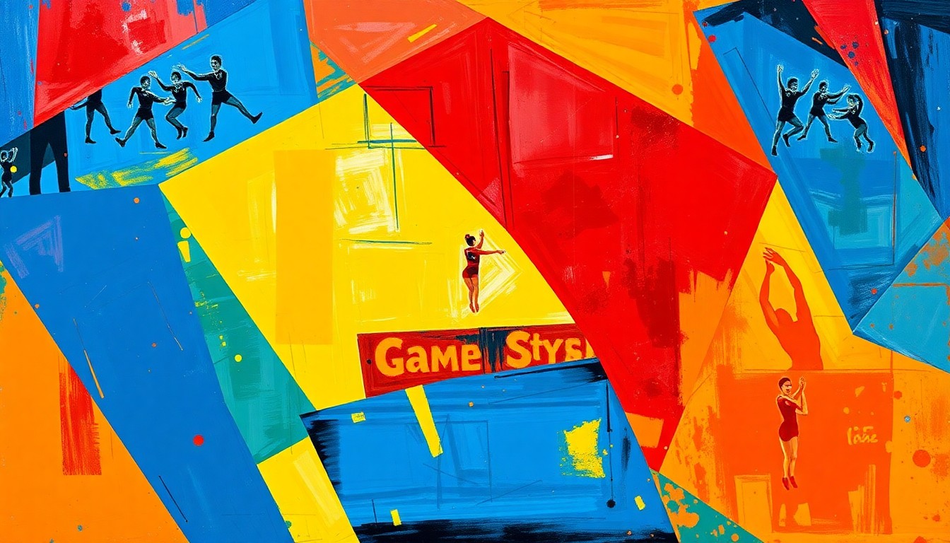 A cubist, geometric painting depicting fragmented, overlapping images of gymnasts performing various skills on different apparatuses, conveying the intensity and dynamism of a gymnastics competition.