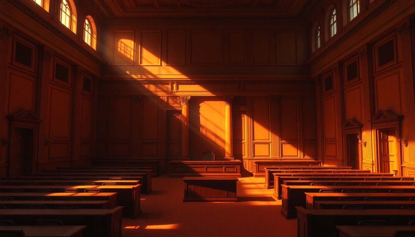 A dimly lit, cinematic painting of an empty government office or legislative chamber, with warm sunlight streaming in through the windows and deep shadows casting a sense of political tension and uncertainty.