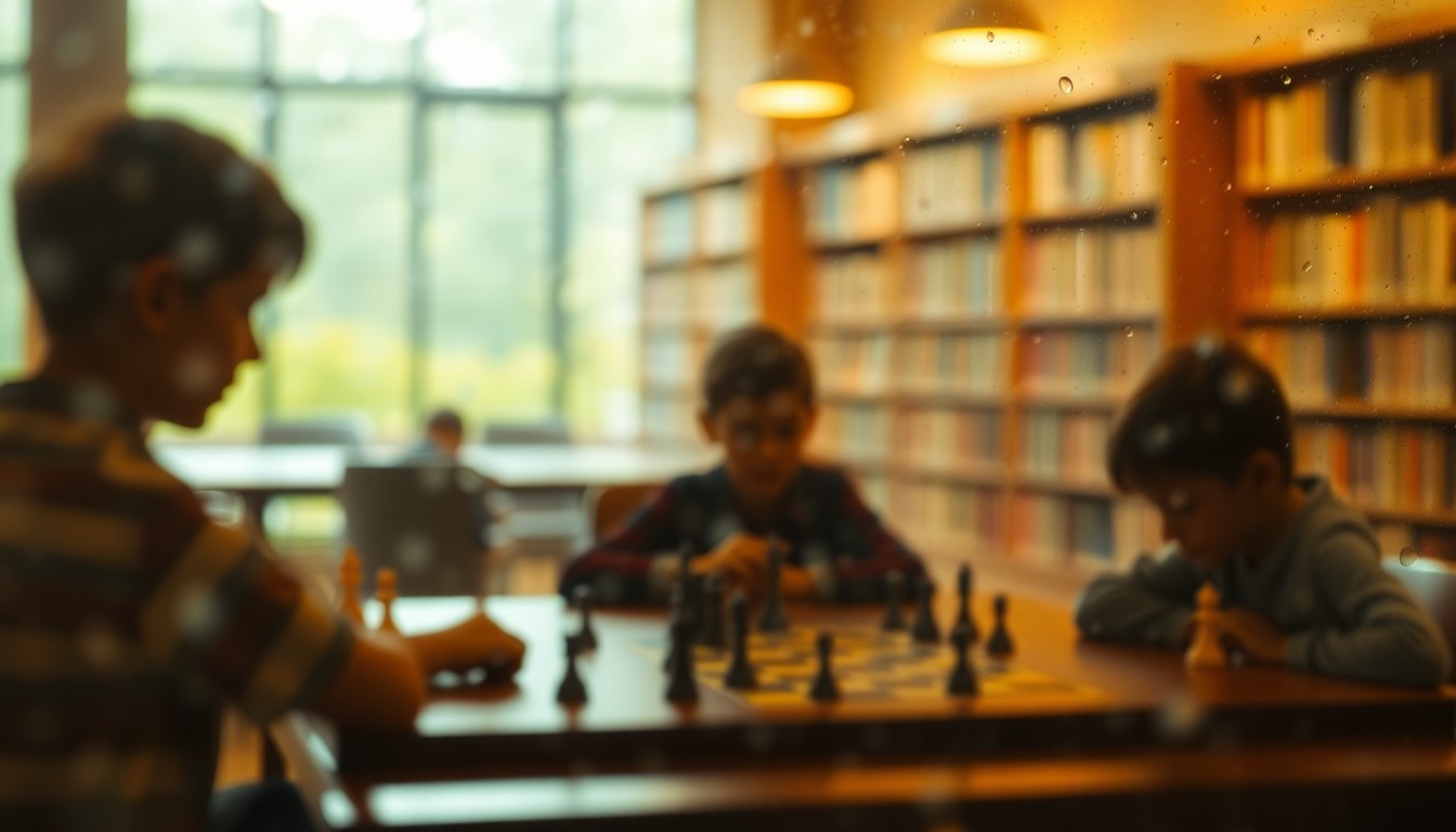 An abstract, impressionistic photograph of blurred, shadowy figures playing chess at a table in a warm, softly lit library interior.