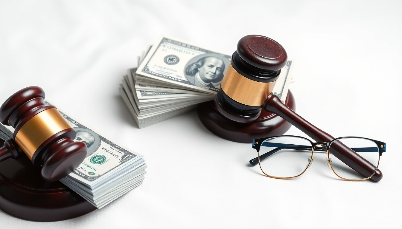 A photorealistic studio still life featuring a stack of dollar bills, a gavel, and a pair of glasses on a clean white background, symbolizing the financial and legal implications of trucking insurance requirements.