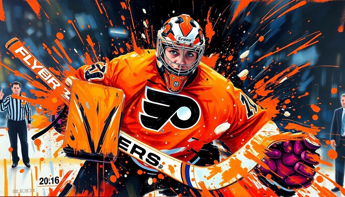 An abstract, expressionist painting in vibrant neon orange, black, and yellow hues, capturing the raw emotion and movement of a hockey celebration, with the players' forms dissolving into energetic brushstrokes.