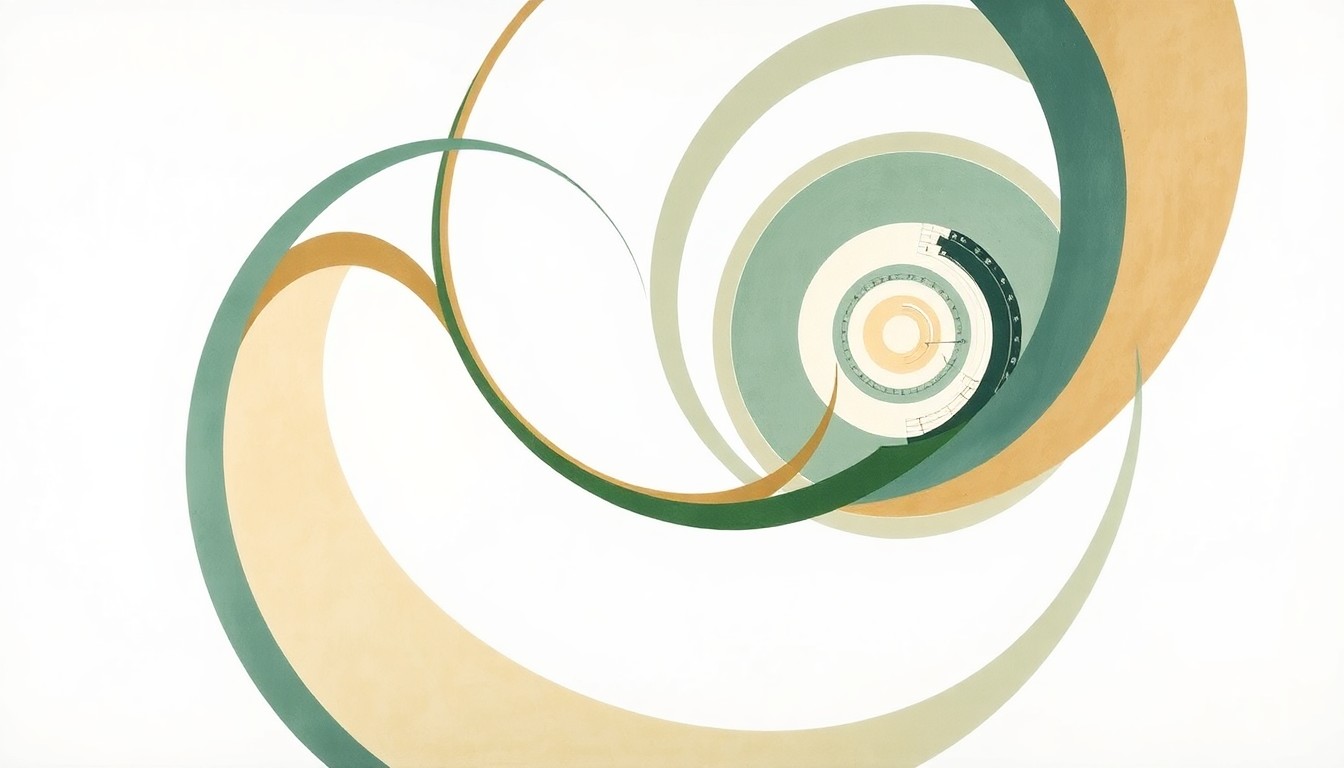 An abstract, highly structured painting in soft, earthy tones of green, blue, and ochre, depicting sweeping geometric arcs, concentric circular forms, and precise botanical spirals, conceptually representing the intricate cellular processes and structural disruption involved in a newly discovered genetic disorder affecting brain development.