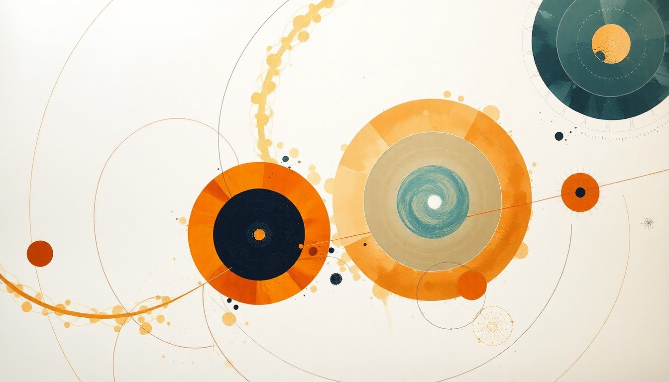 A highly structured abstract painting in muted earth tones, featuring sweeping geometric arcs, concentric circles, and precise botanical spirals, conceptually representing the complex interplay of excitons, charge-transfer states, and structural defects within an organic light-emitting material.