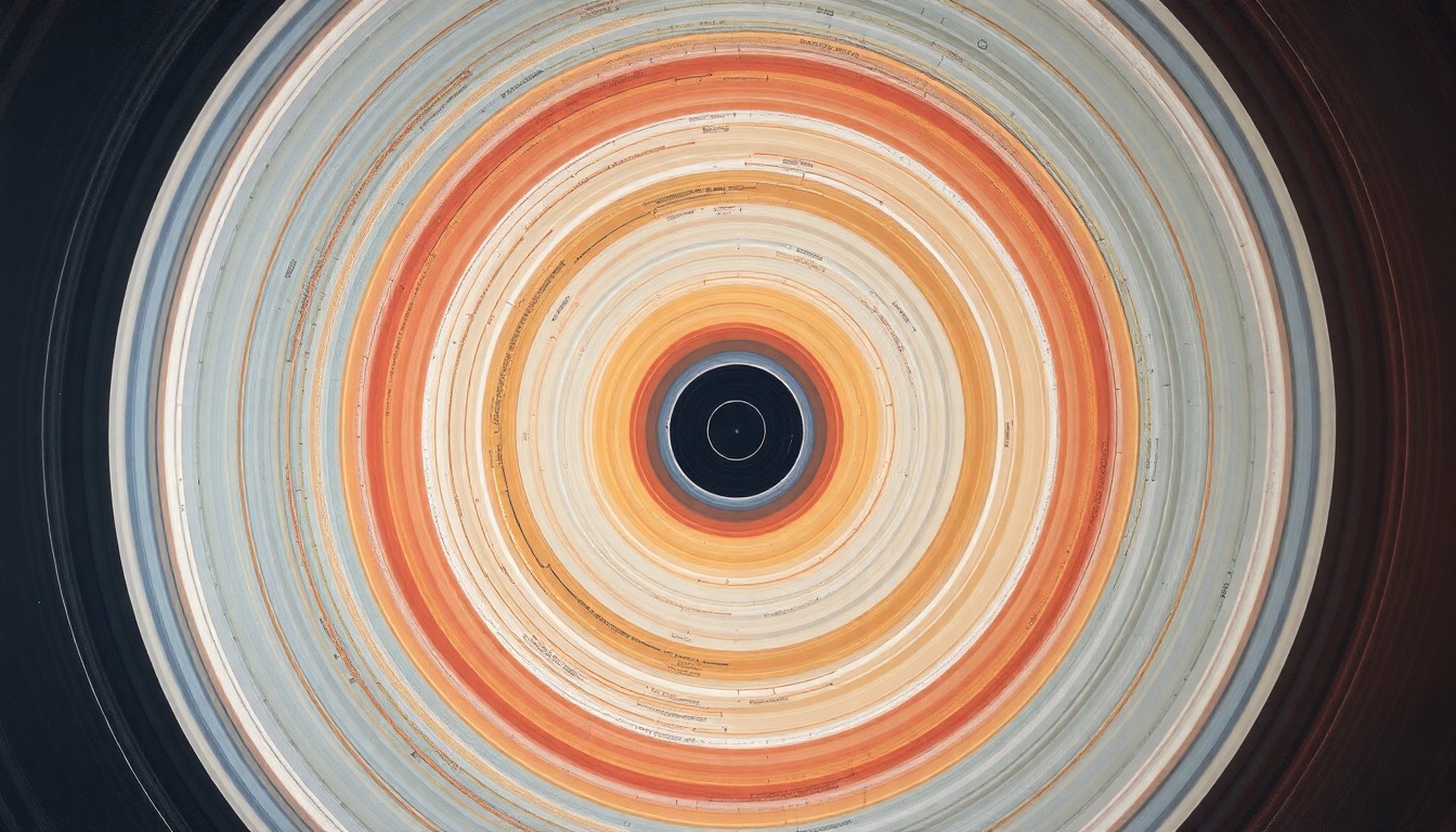 A highly structured abstract painting featuring sweeping geometric arcs, concentric circles, and precise botanical spirals in soft, flat colors, conceptually representing the complex scientific forces behind a laser upgrade project at a national research facility.