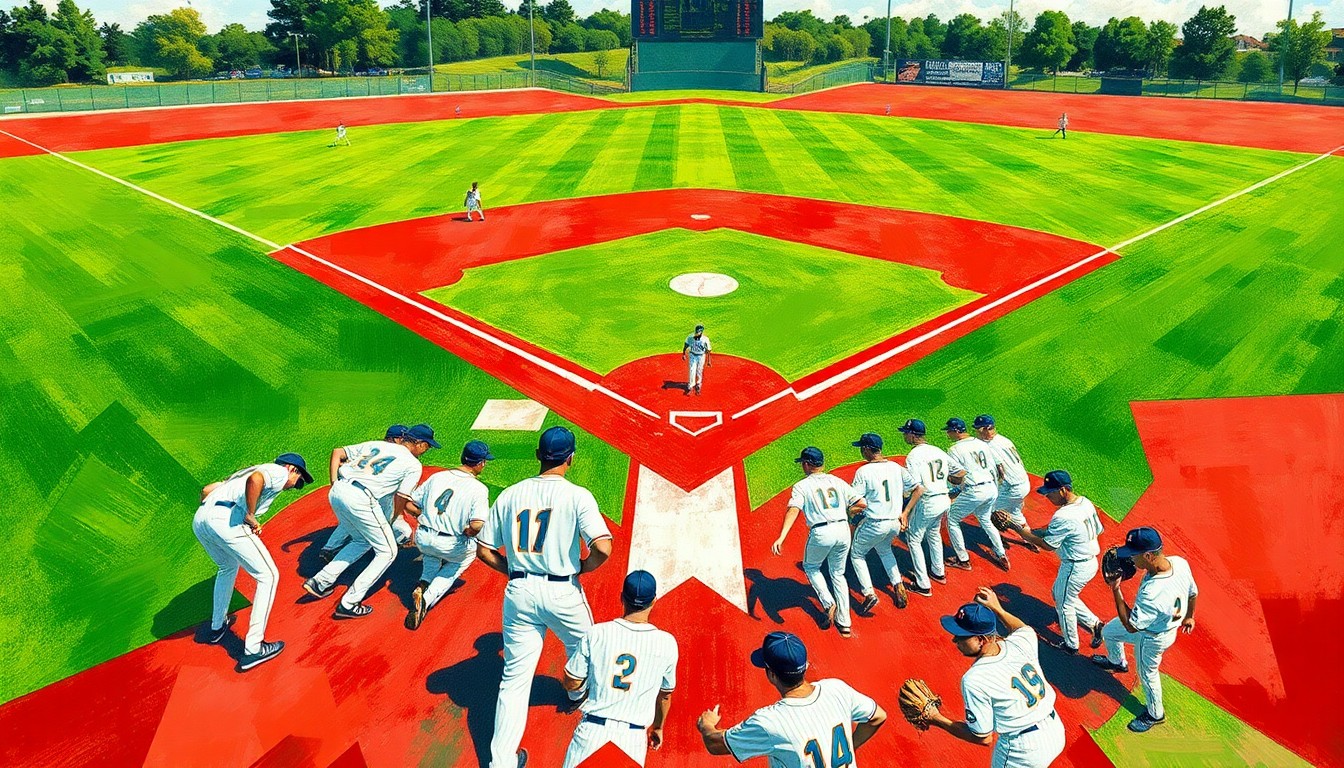 A fragmented, geometric painting depicting the various elements of a baseball game - the diamond, the players, the crowd - broken down into sharp, overlapping planes of color and form.