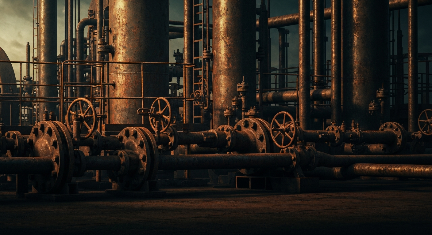 An extreme close-up of a tangle of heavy, industrial pipes and machinery, conveying the complex global energy infrastructure that is vulnerable to geopolitical disruptions.